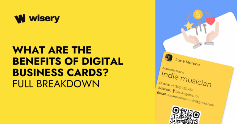 Benefits of digital business cards, illustrated with a wallet card and growth chart