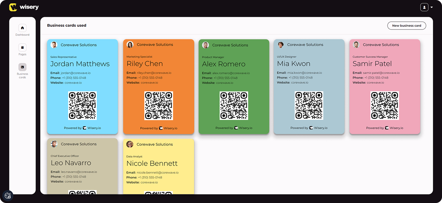 Wisery Digital Business Card Dashboard