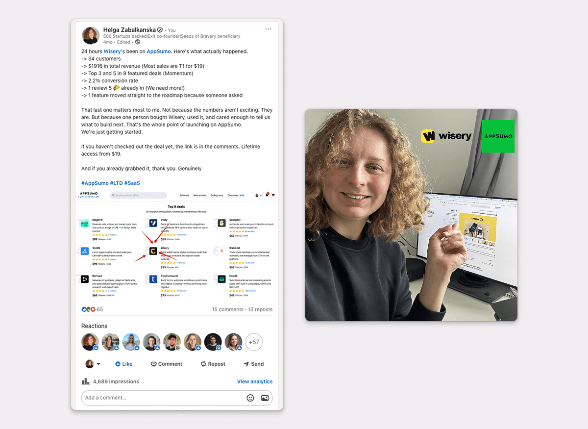 Wisery AppSumo Promotion on Linkedin