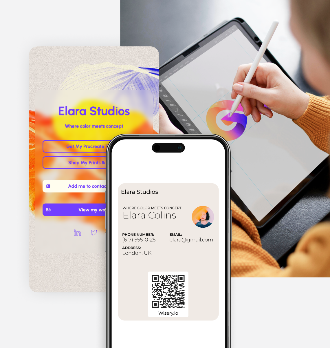 Digital business card for artist Elara Collins with a QR code, wallet pass and Elara Studios portfolio profile