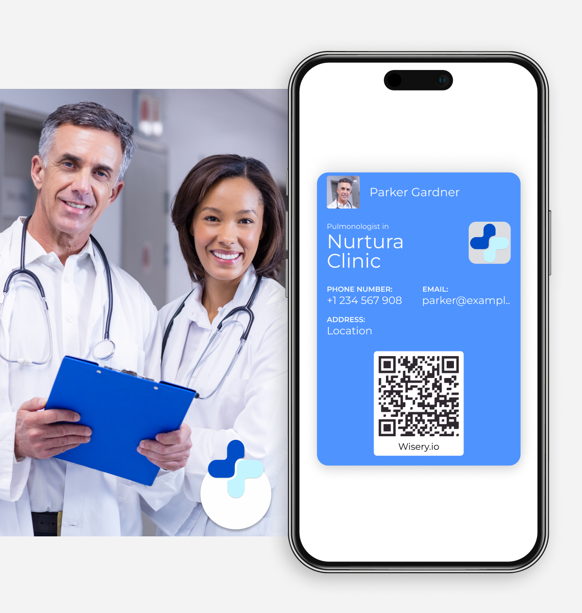 Digital business card for doctors at Nurtura Clinic with a QR code and contact details on a smartphone