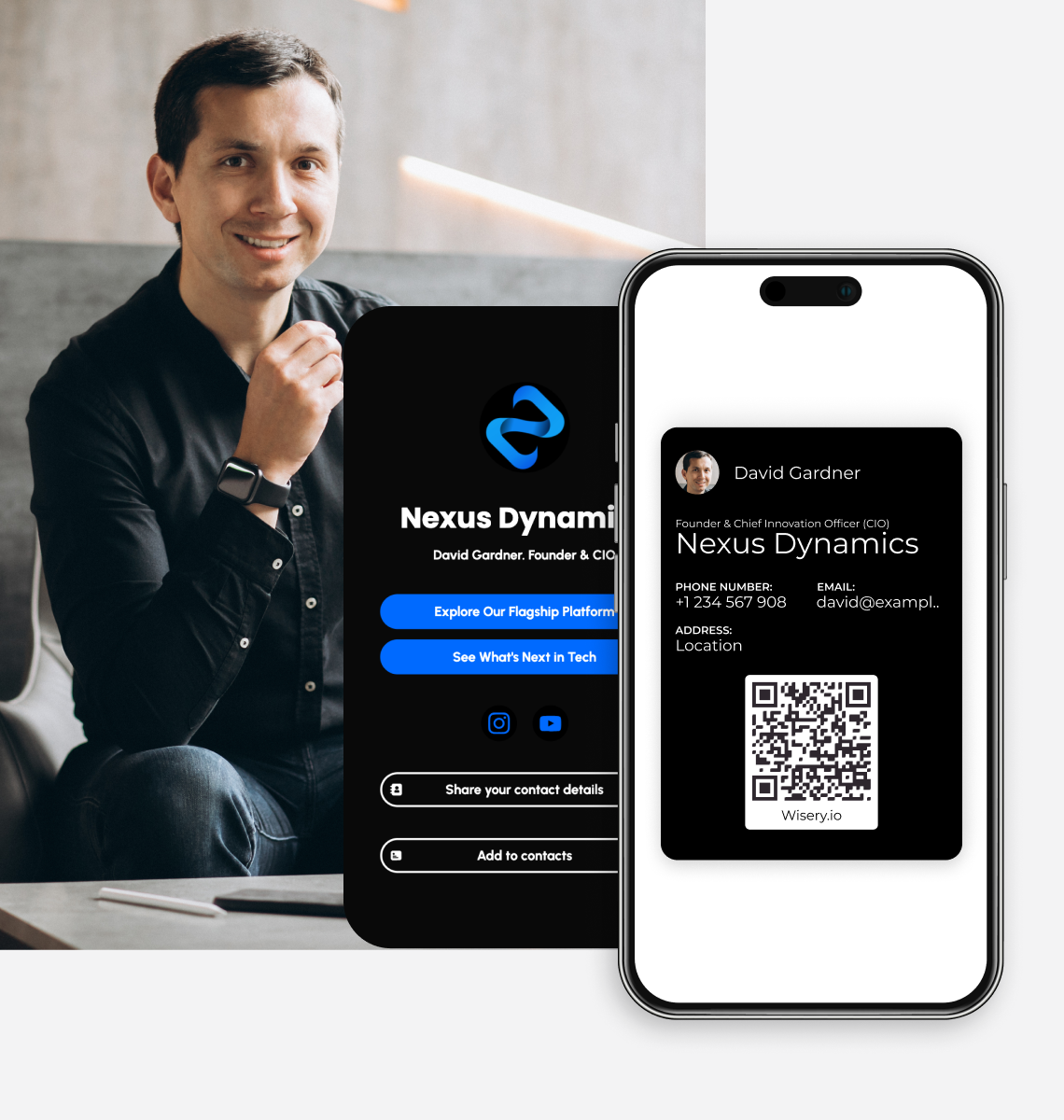 Digital business card for entrepreneur David Gardner with a QR code and Nexus Dynamics company profile