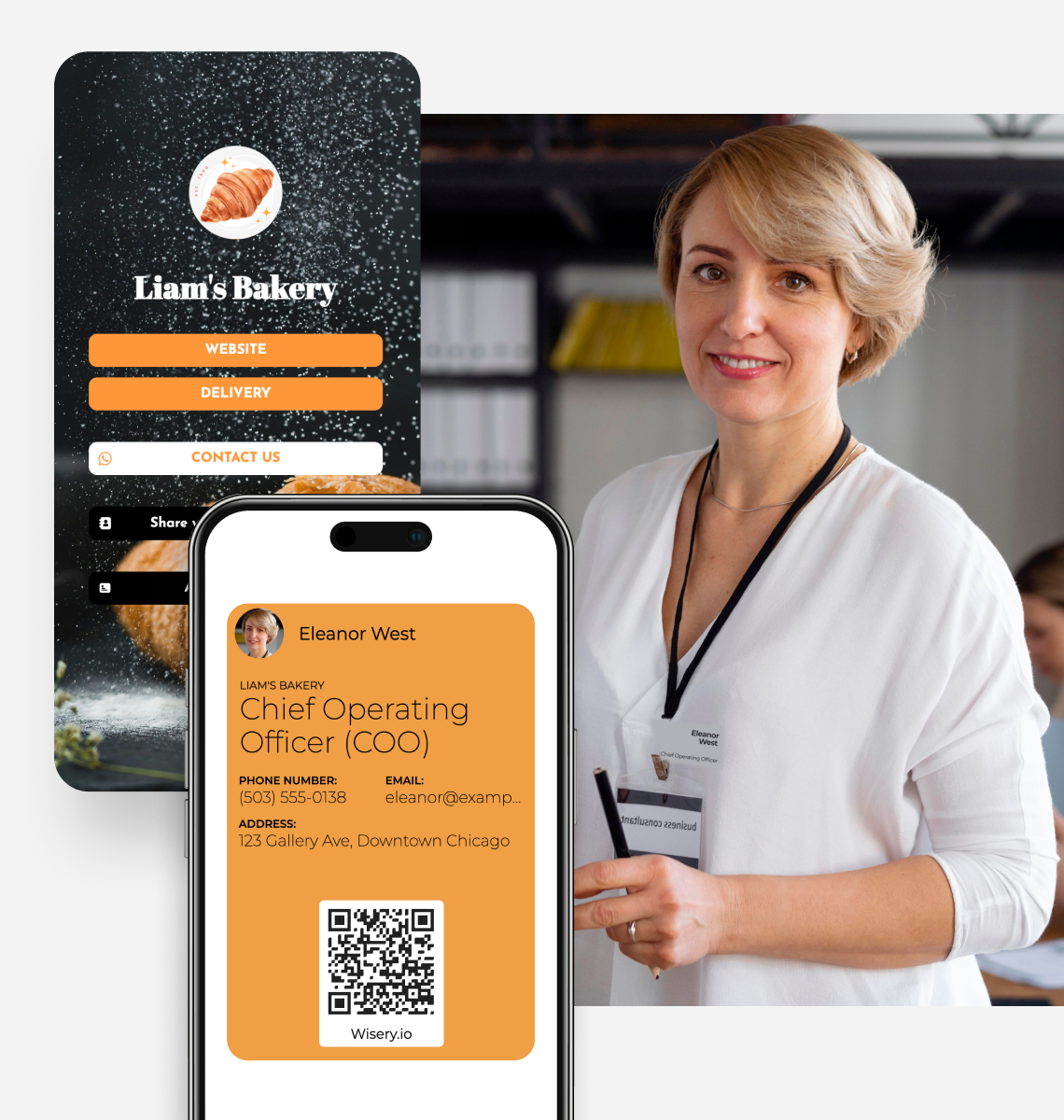 Digital business card for a C-level executive with a QR code, wallet pass and company profile