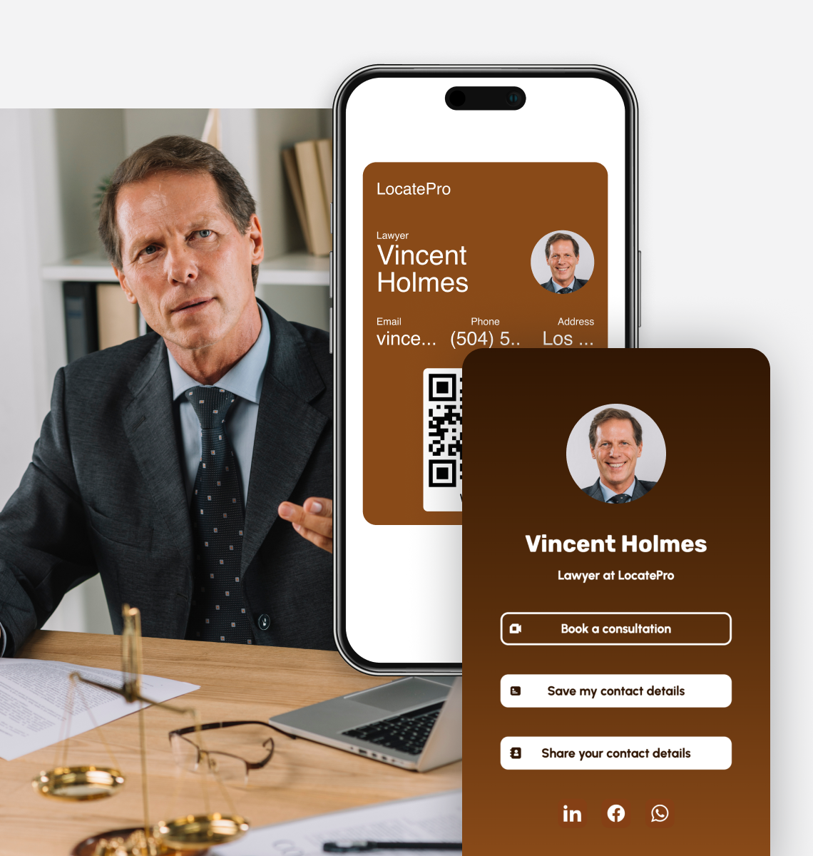 Digital business card for lawyer Vincent Holmes with a QR code, wallet pass and online contact profile
