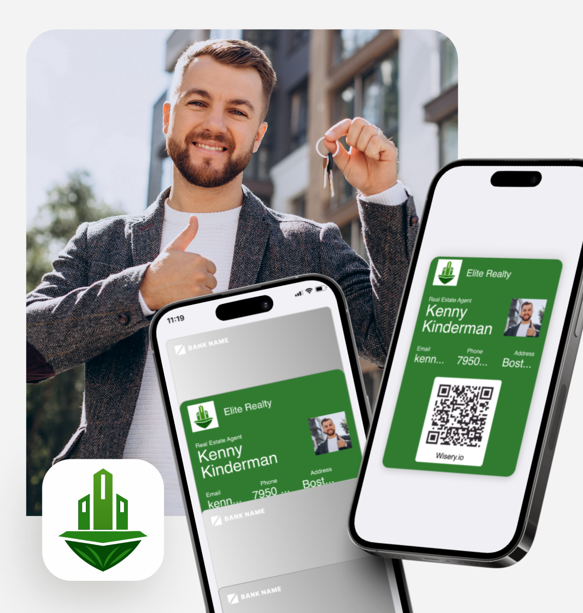 Digital business card for real estate agent Kenny Kinderman with a QR code and smartphone wallet pass