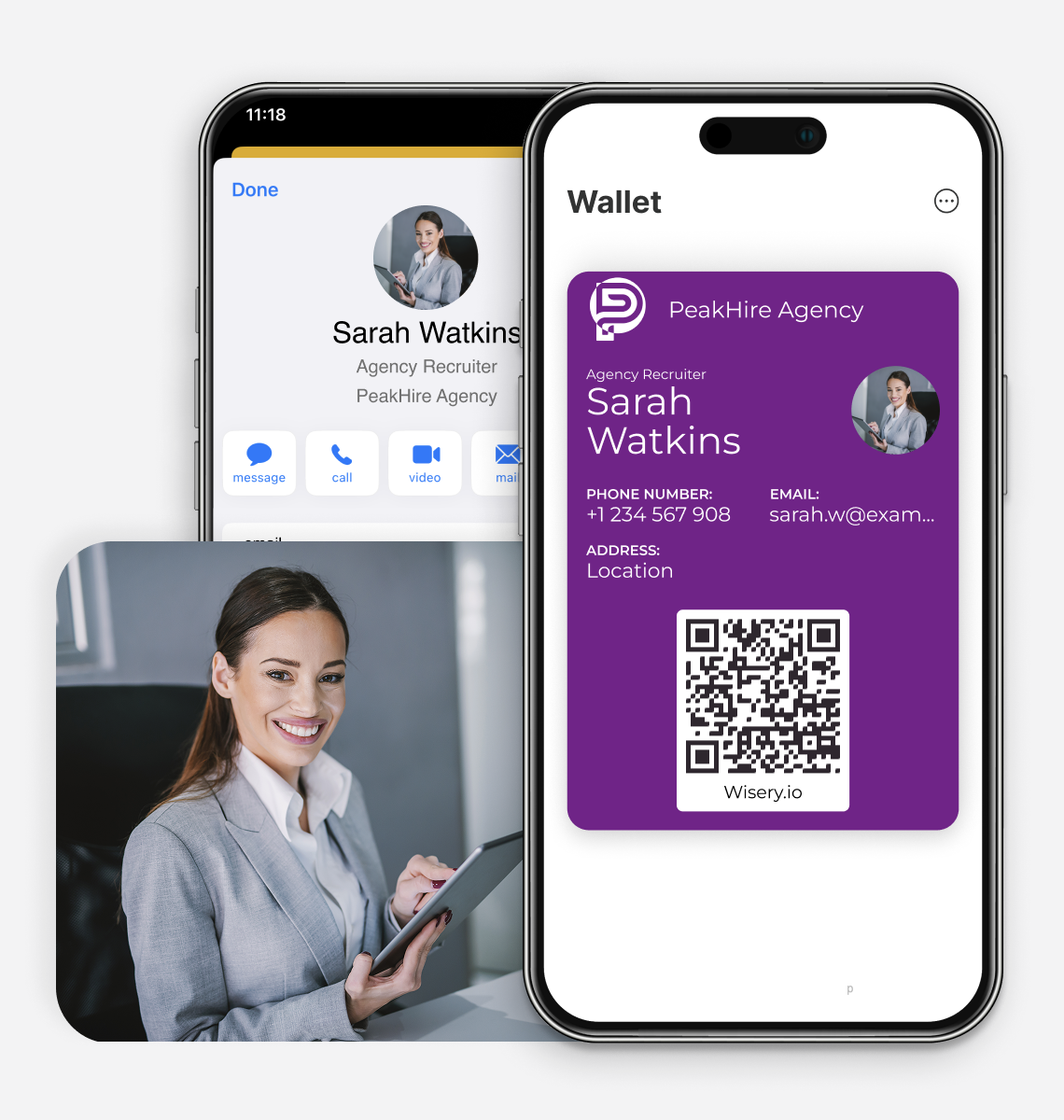 Digital business card for recruiter Sarah Watkins with a QR code, wallet pass and saved contact details