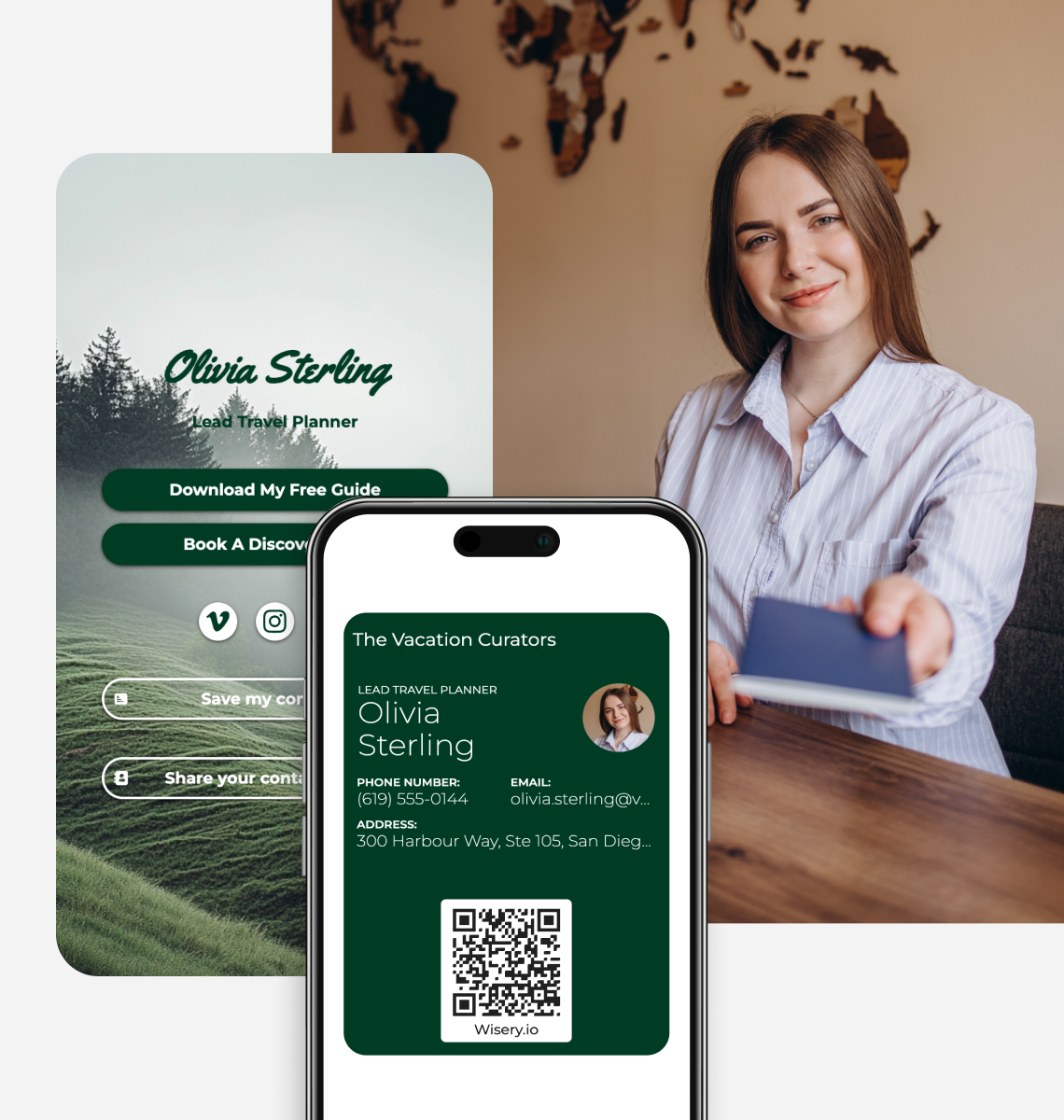 Digital business card for travel agent Olivia Sterling with a QR code, wallet pass and travel agency profile