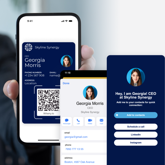 Digital business card for Georgia Morris in Apple Wallet, alongside her saved contact and Wisery profile