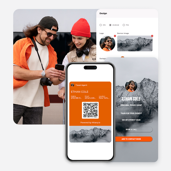 Digital business card for travel agent Ethan Cole with a custom photo, QR code and profile design options