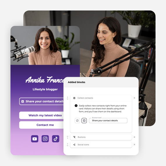 Wisery digital business card for a lifestyle blogger with contact sharing, social links and lead capture settings