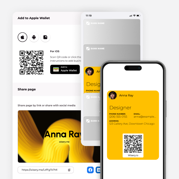 Digital business card for designer Anna Ray with a QR code, Apple Wallet pass and sharing options