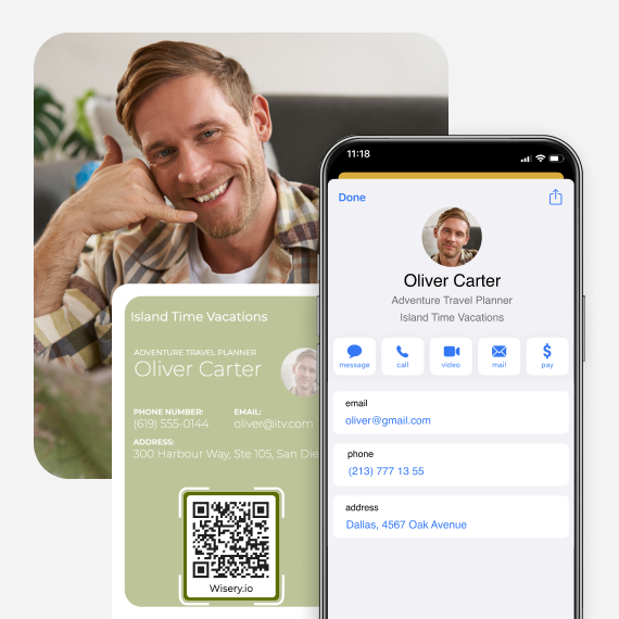 Digital business card for Oliver Carter with a QR code and saved contact details on a smartphone