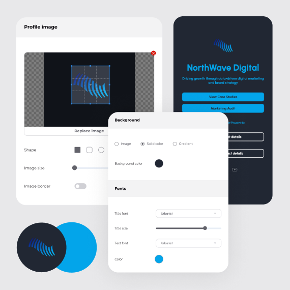 Company branding settings for a digital business card, including logo, background colors and fonts