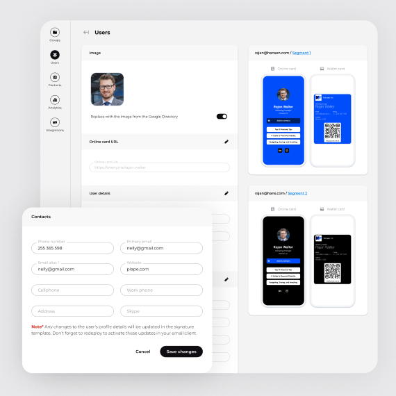 Updating contact details and online and Wallet versions of a team member’s digital business card