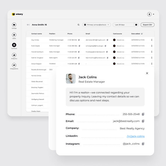 Wisery contacts dashboard and captured lead details for digital business card follow-up and export