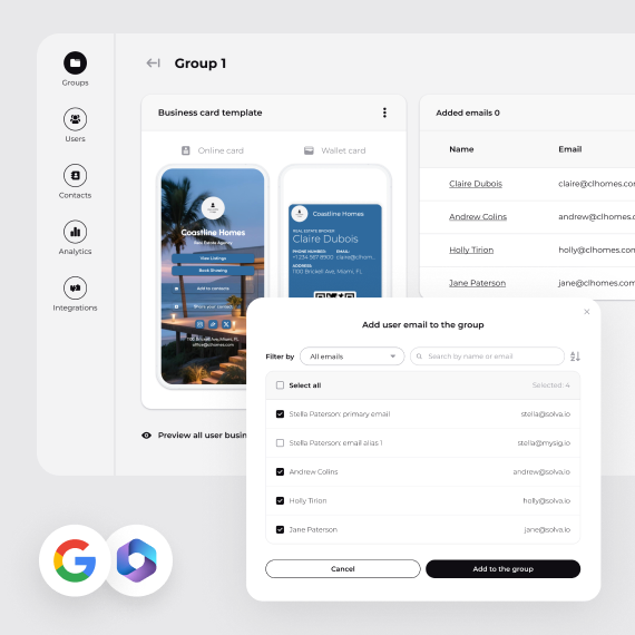 Wisery team digital business card management with shared card templates and team member email settings