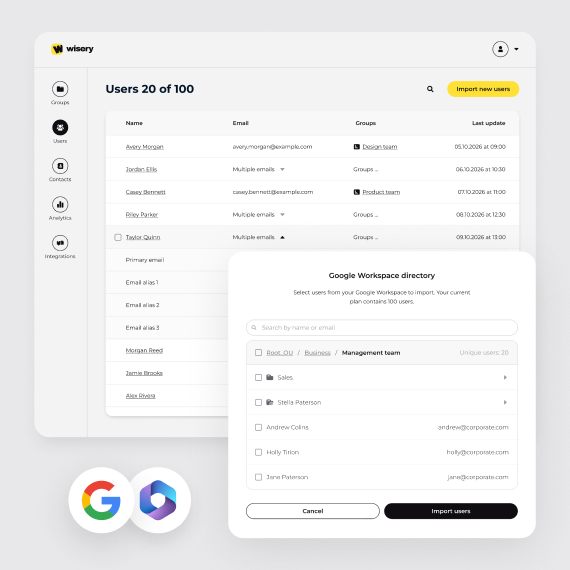 Managing more digital business cards as a team grows, with user imports from Google Workspace