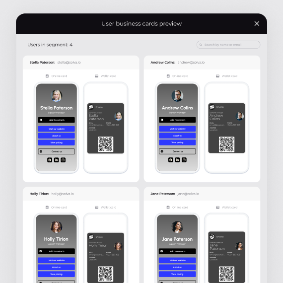 Online and Wallet digital business cards for individual team members in Wisery